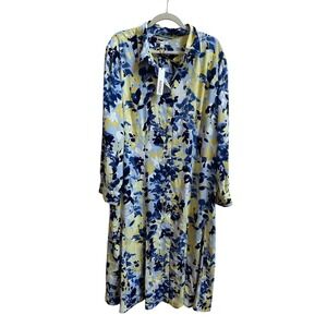 Chicos Floral Midi Shirt Dress Yellow Blue Sz 4X NEW